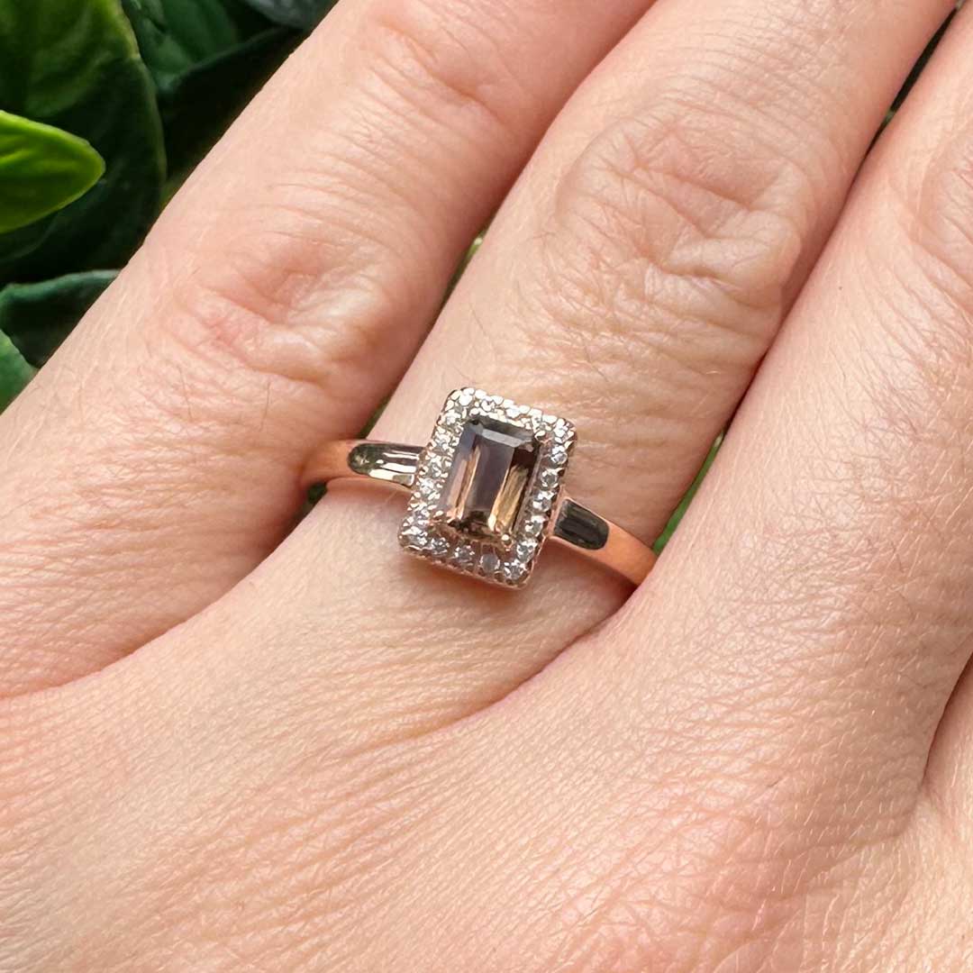 9kt Rose Gold Ring with Emerald Cut Peridot and Diamond Halo