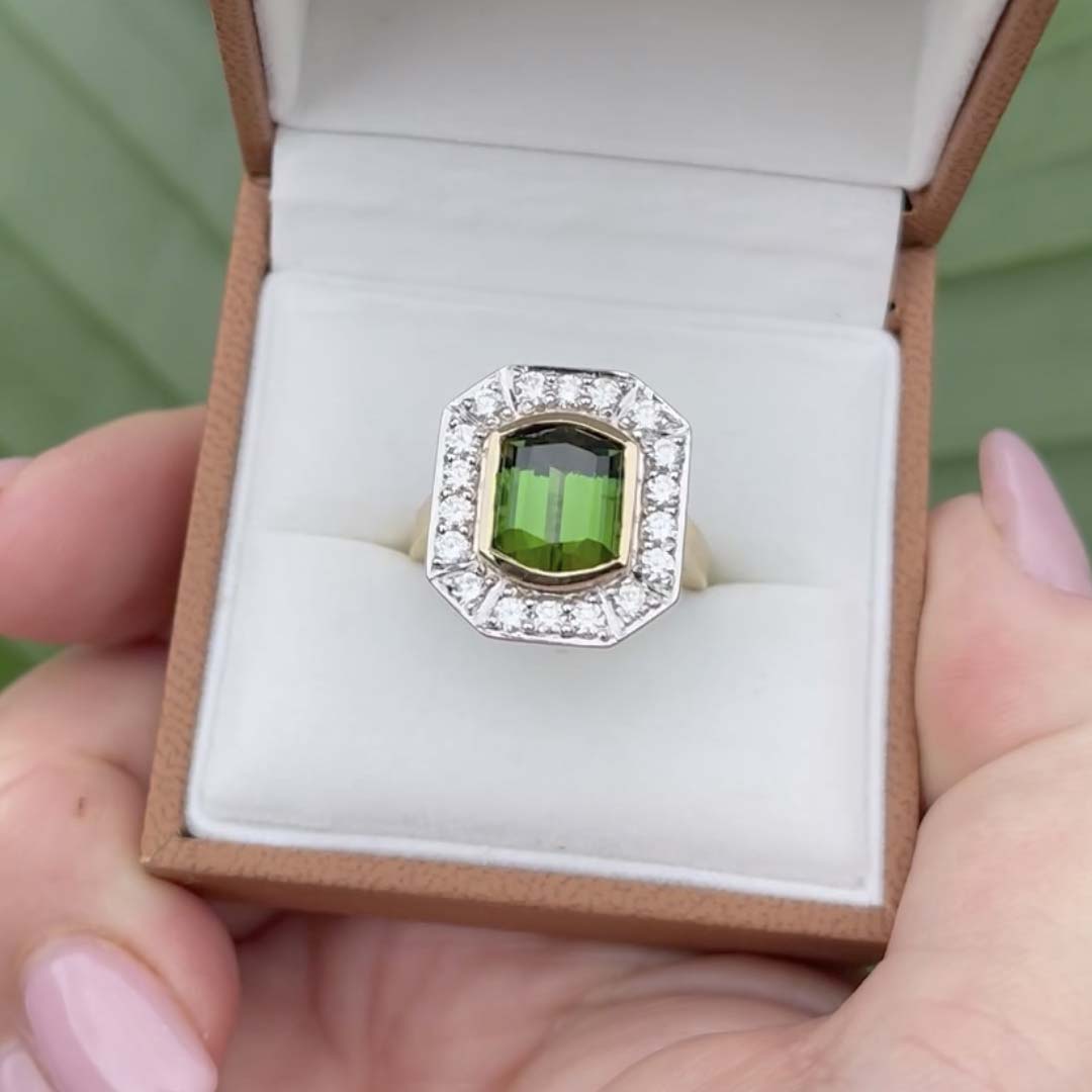 18kt Two-Tone Gold Ring with Emerald Cut Tourmaline and Diamond Halo