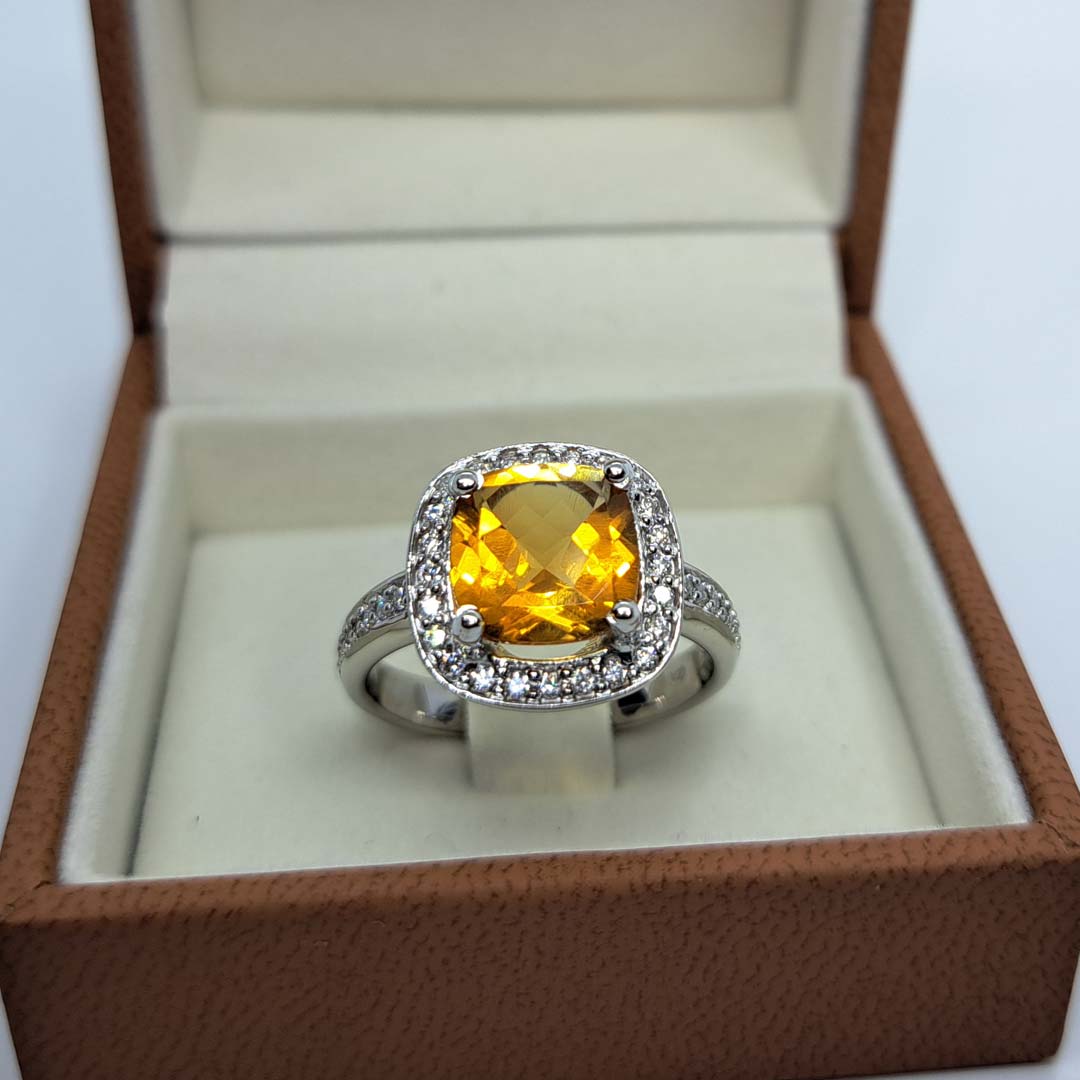 18kt White Gold Ring with Cushion Cut Citrine and Diamond Halo/Band