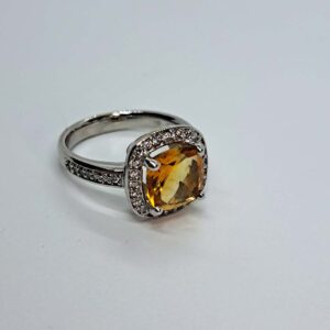 18kt White Gold Ring with Cushion Cut Citrine and Diamond Halo/Band