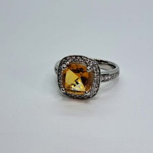 18kt White Gold Ring with Cushion Cut Citrine and Diamond Halo/Band