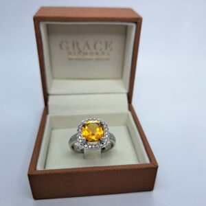 18kt White Gold Ring with Cushion Cut Citrine and Diamond Halo/Band