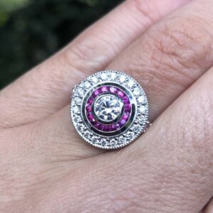 18kt White Gold Target Ring with Round Brilliant Cut Diamond and Ruby