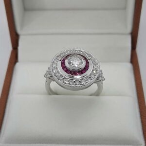 18kt White Gold Target Ring with Round Brilliant Cut Diamond and Ruby