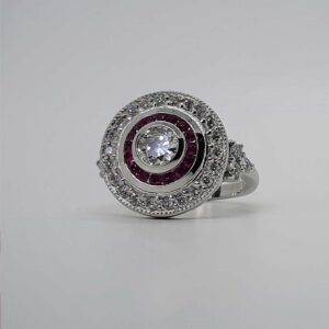 18kt White Gold Target Ring with Round Brilliant Cut Diamond and Ruby