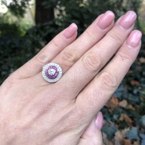 18kt White Gold Target Ring with Round Brilliant Cut Diamond and Ruby