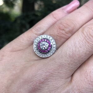 18kt White Gold Target Ring with Round Brilliant Cut Diamond and Ruby
