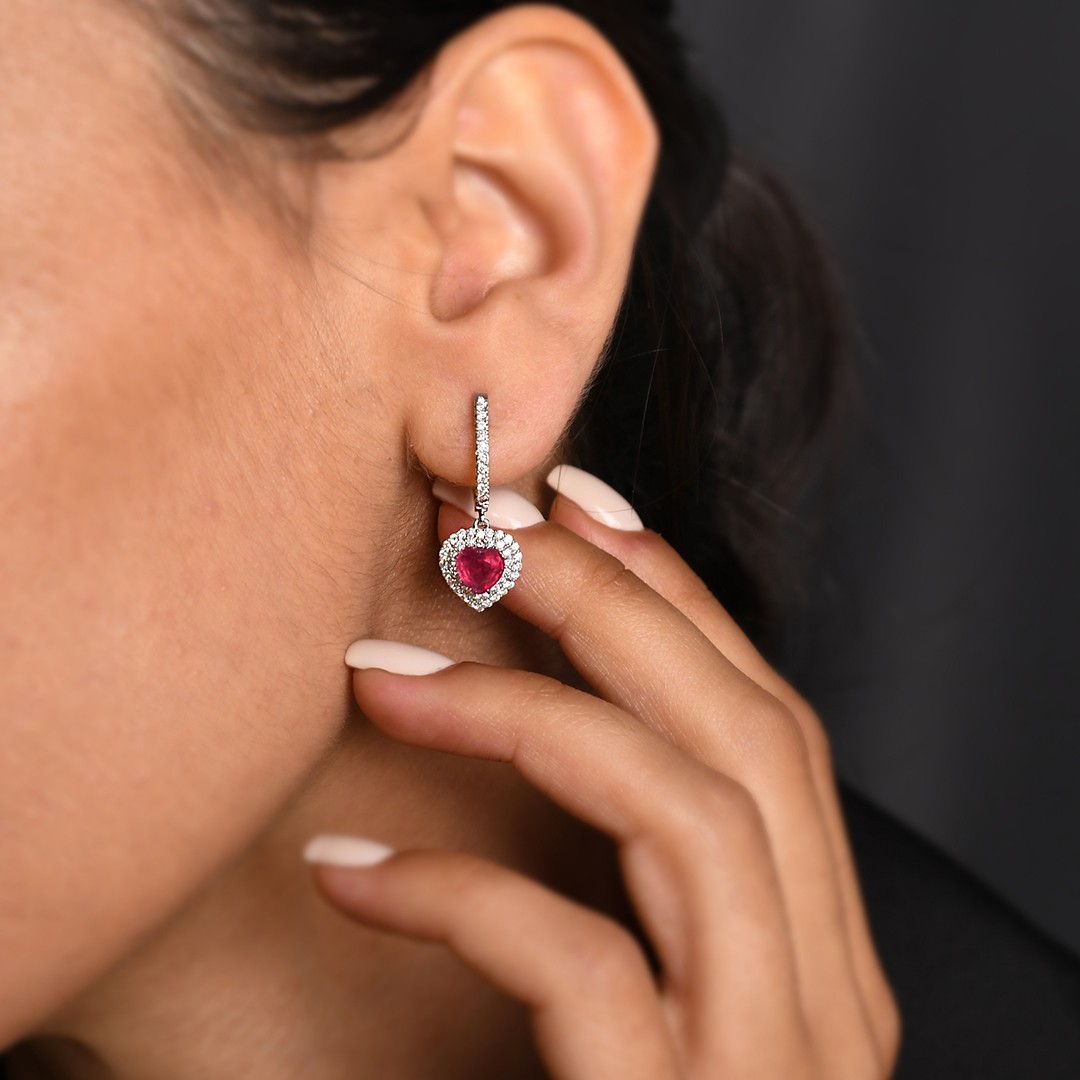 Luxurious 18kt White Gold Heart Cut Ruby Drop Earrings