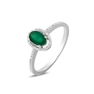 18kt White Gold Ring with Oval Cut Emerald and Diamond Halo