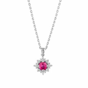 18kt White Gold Ruby Pendant with Diamond Floral Halo