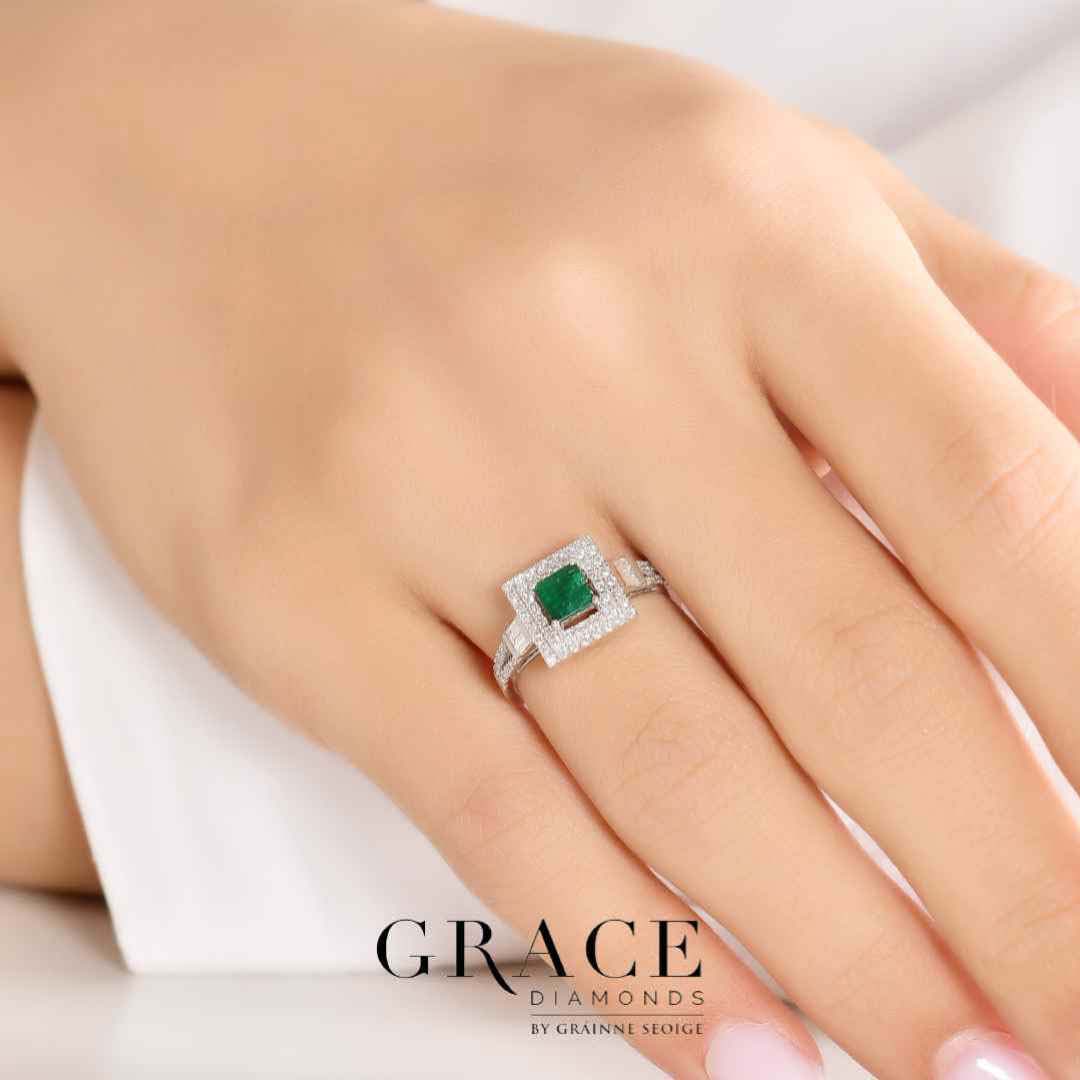 18kt White Gold Ring with Square Cut Emerald and Diamond Halo