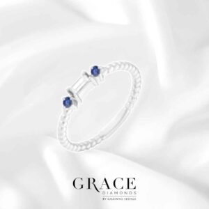 18kt White Gold Ring with Diamond Baguette and Round Cut Blue Sapphires