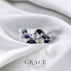 18kt White Gold Chunky Half Eternity Band with Oval Cut Blue Sapphires and Round Brilliant Cut and Baguette Diamonds