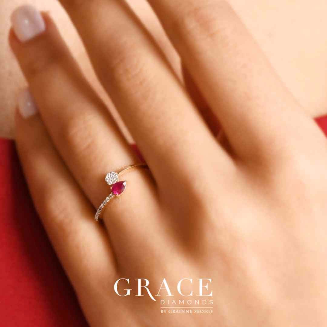 18kt Rose Gold Ring with Pear Cut Ruby and Diamond Set Band