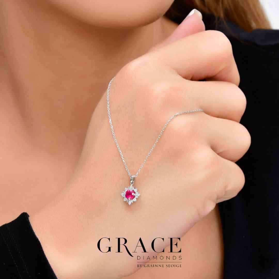 18kt White Gold Ruby Pendant with Diamond Floral Halo