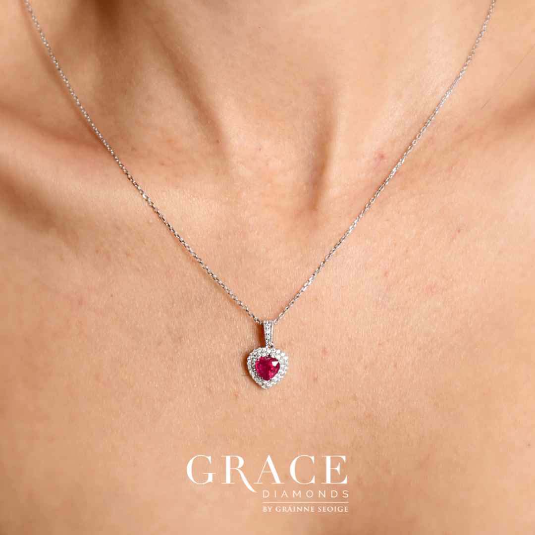 18kt White Gold Heart Cut Ruby Pendant with Double Diamond Halo