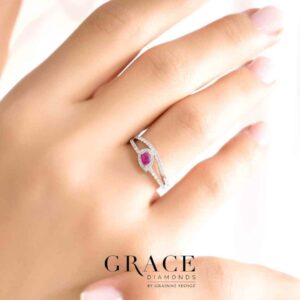 18kt White Gold Ring with 6x4mm Oval Cut Ruby and Vintage Style Double Halo