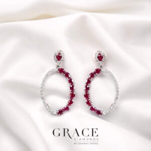 18kt White Gold Drop Earrings with Emerald Cut Rubies and Diamond Halo