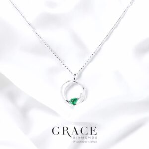 18kt White Gold Double Hoop Pendant with Pear Cut Emerald and Diamond Halo