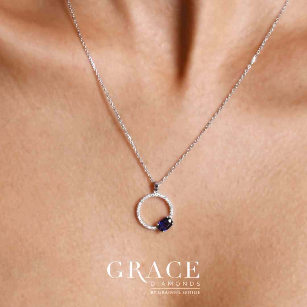 18kt White Gold 'Hoop' Pendant with Oval Cut Sapphire and Round Brilliant Cut Diamonds